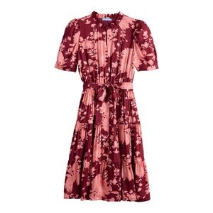 Maroon Floral Tiered Midi Dress Puff Sleeve Cottagecore Boho Belt DraperJames 1x